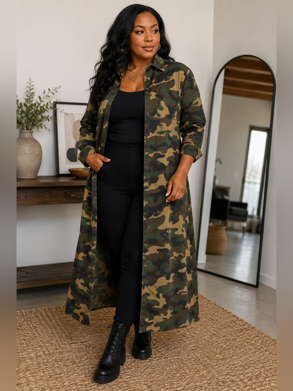 J Brooks Boutique Camo Maxi Shirt Dress Duster Button Front M NWT